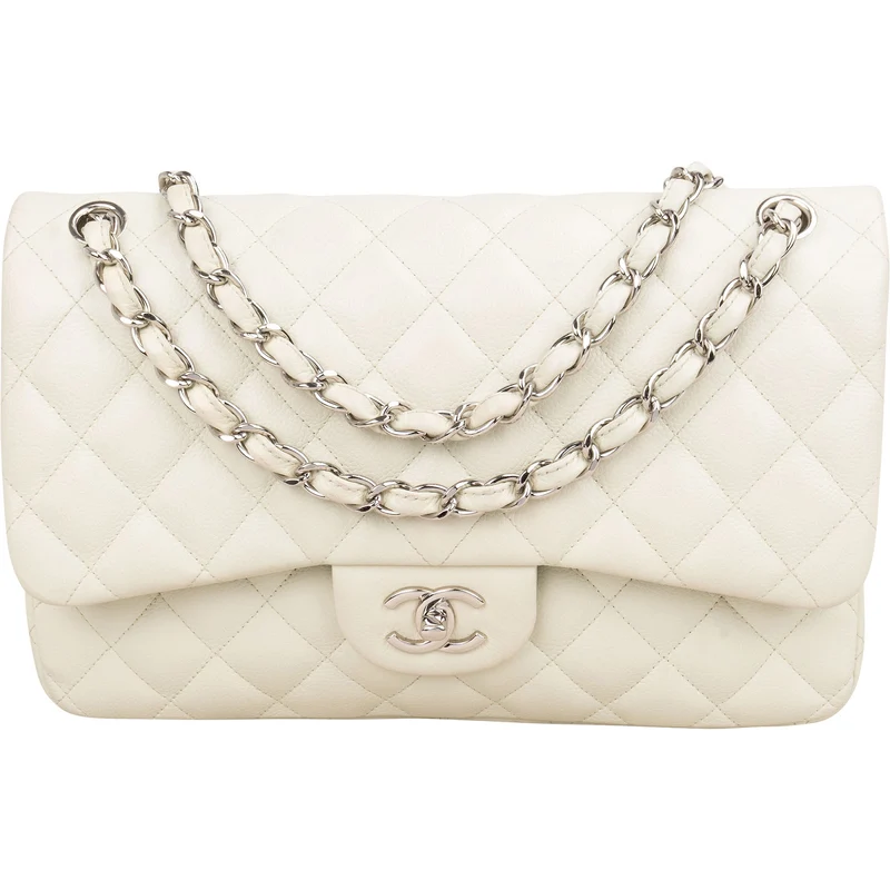 Chanel Quilted Caviar Leather Palladium Jumbo Double Flap Crossbody Bag