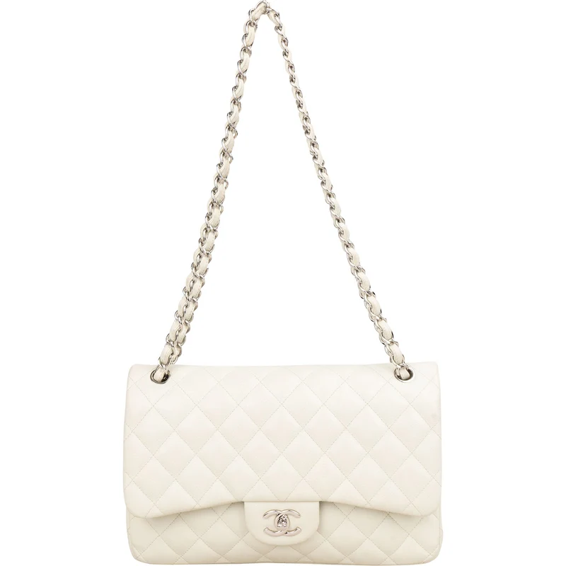 Chanel Quilted Caviar Leather Palladium Jumbo Double Flap Crossbody Bag