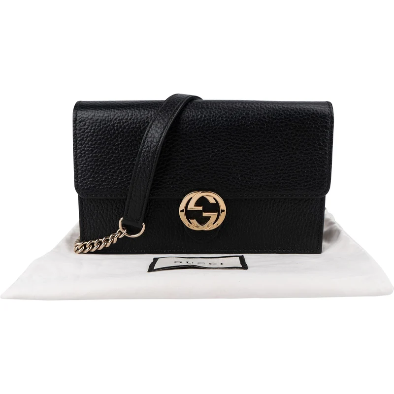 Gucci Grained Leather Interlocking GG Wallet On Chain Crossbody Bag
