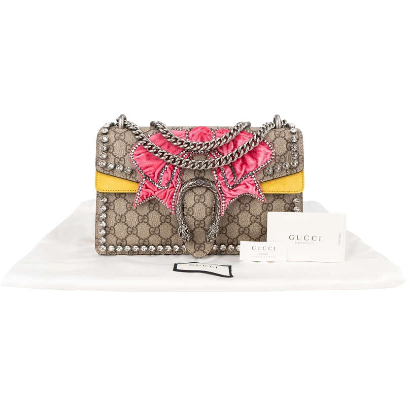 Gucci Monogram GG Supreme Canvas Suede Crystal Embellished Velvet Ribbon Dionysus Shoulder Bag