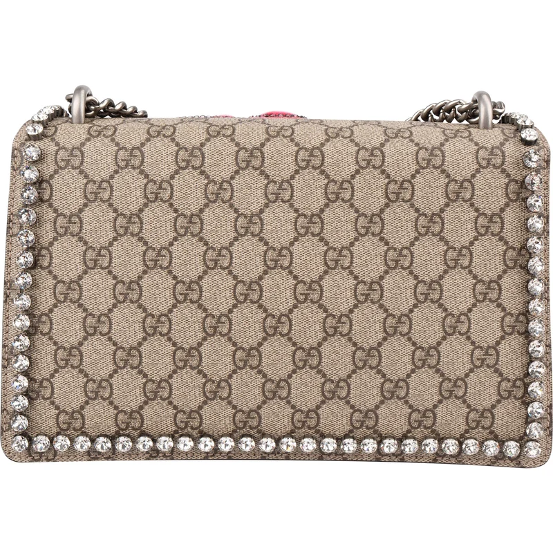 Gucci Monogram GG Supreme Canvas Suede Crystal Embellished Velvet Ribbon Dionysus Shoulder Bag