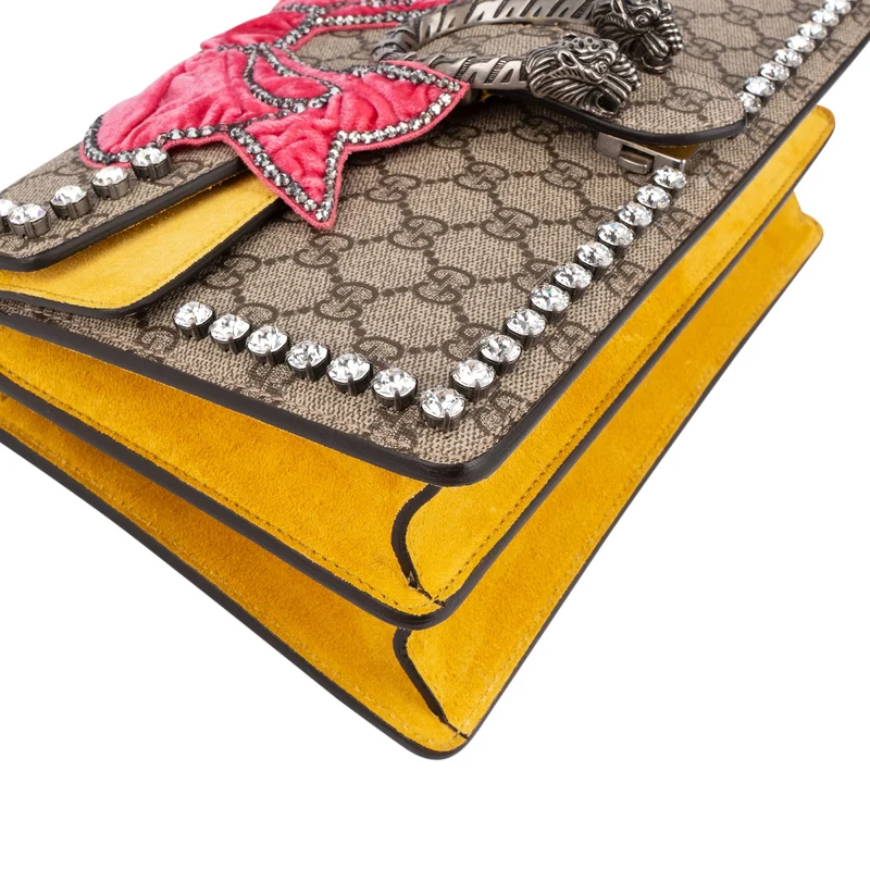 Gucci Monogram GG Supreme Canvas Suede Crystal Embellished Velvet Ribbon Dionysus Shoulder Bag