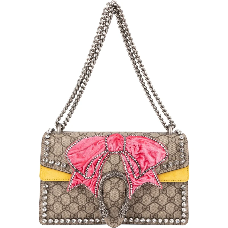Gucci Monogram GG Supreme Canvas Suede Crystal Embellished Velvet Ribbon Dionysus Shoulder Bag