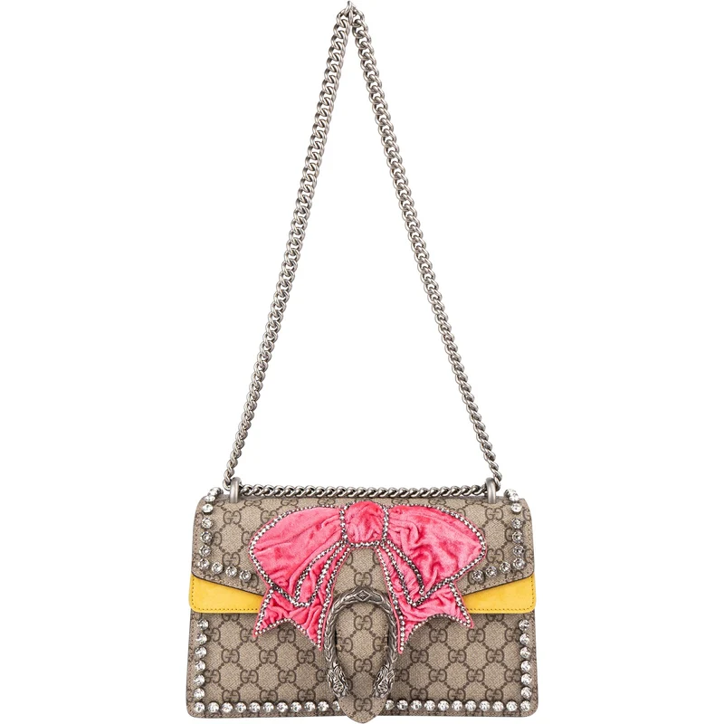 Gucci Monogram GG Supreme Canvas Suede Crystal Embellished Velvet Ribbon Dionysus Shoulder Bag