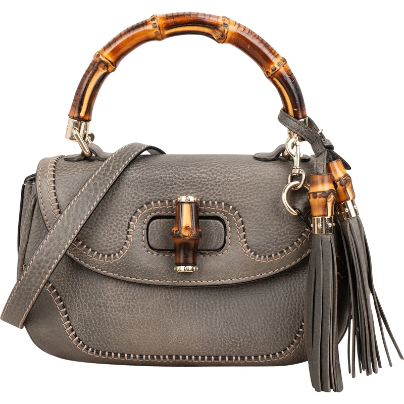 Gucci Grey Pebbled Leather Beijing 2010 Edition New Bamboo Top Handle Tassel Handbag