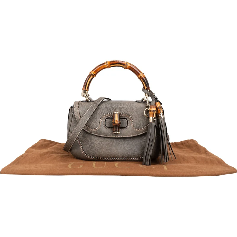 Gucci Grey Pebbled Leather Beijing 2010 Edition New Bamboo Top Handle Tassel Handbag