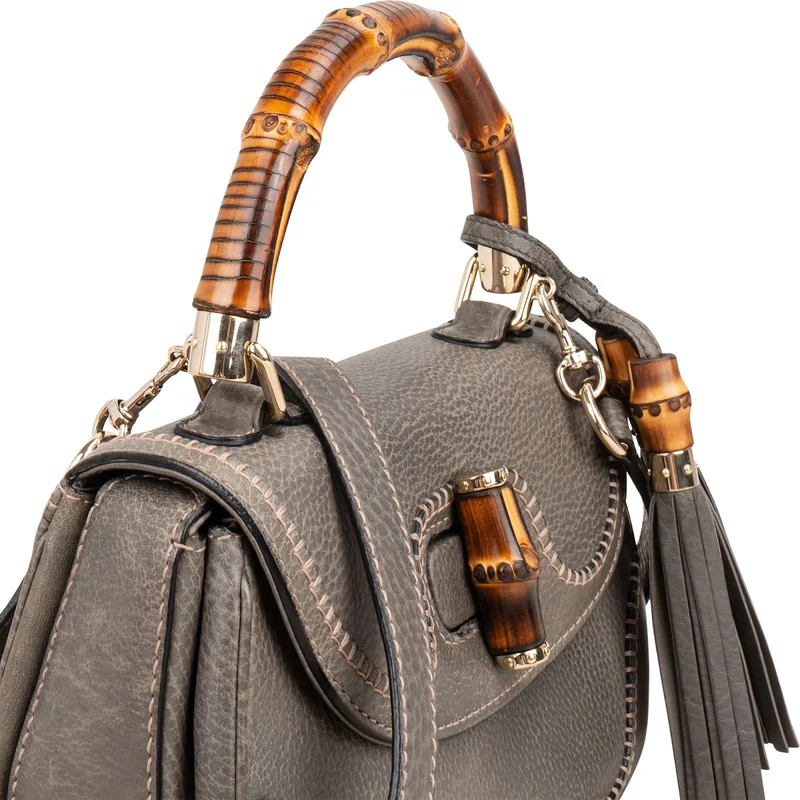 Gucci Grey Pebbled Leather Beijing 2010 Edition New Bamboo Top Handle Tassel Handbag