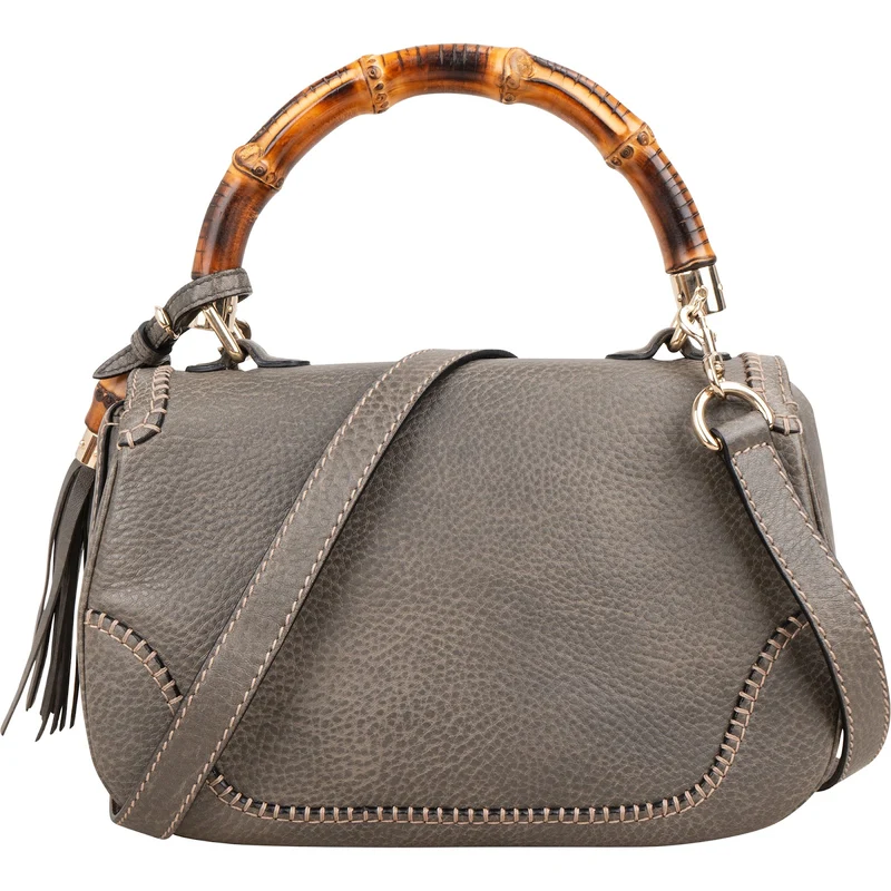 Gucci Grey Pebbled Leather Beijing 2010 Edition New Bamboo Top Handle Tassel Handbag