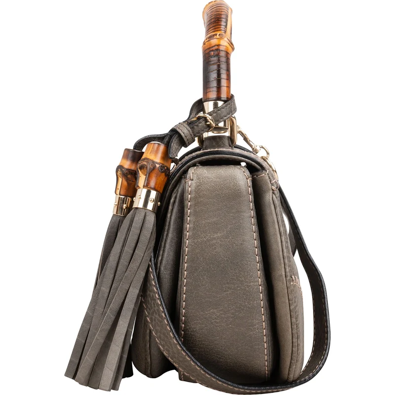 Gucci Grey Pebbled Leather Beijing 2010 Edition New Bamboo Top Handle Tassel Handbag
