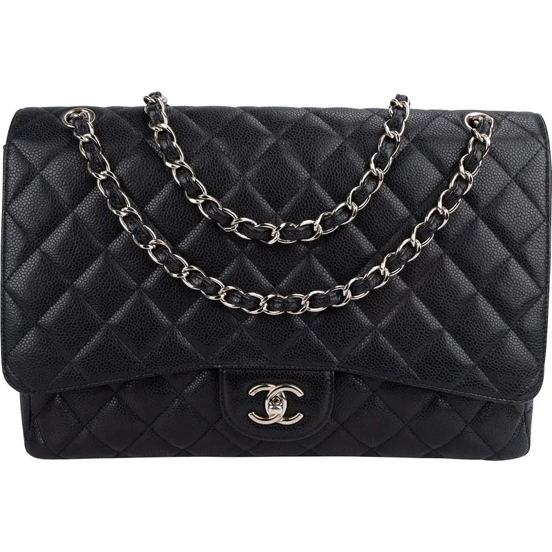 Chanel Quilted Caviar Leather Palladium Maxi Single Flap Crossbody Bag