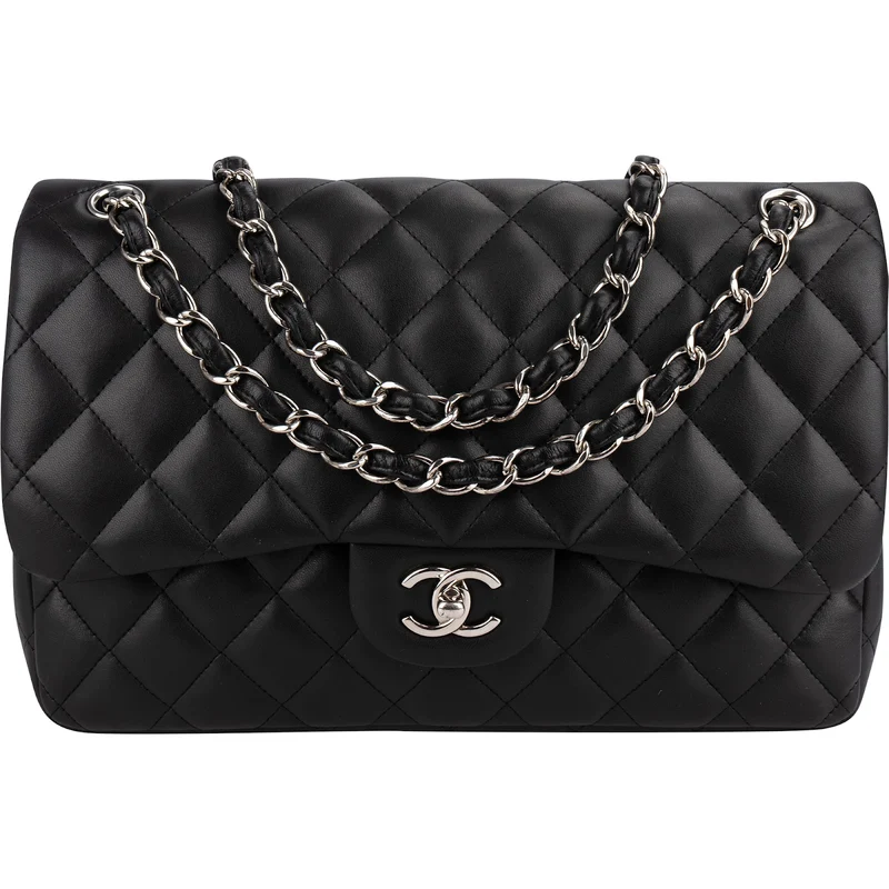 Chanel Quilted Lambskin Palladium Jumbo Double Flap Crossbody Bag