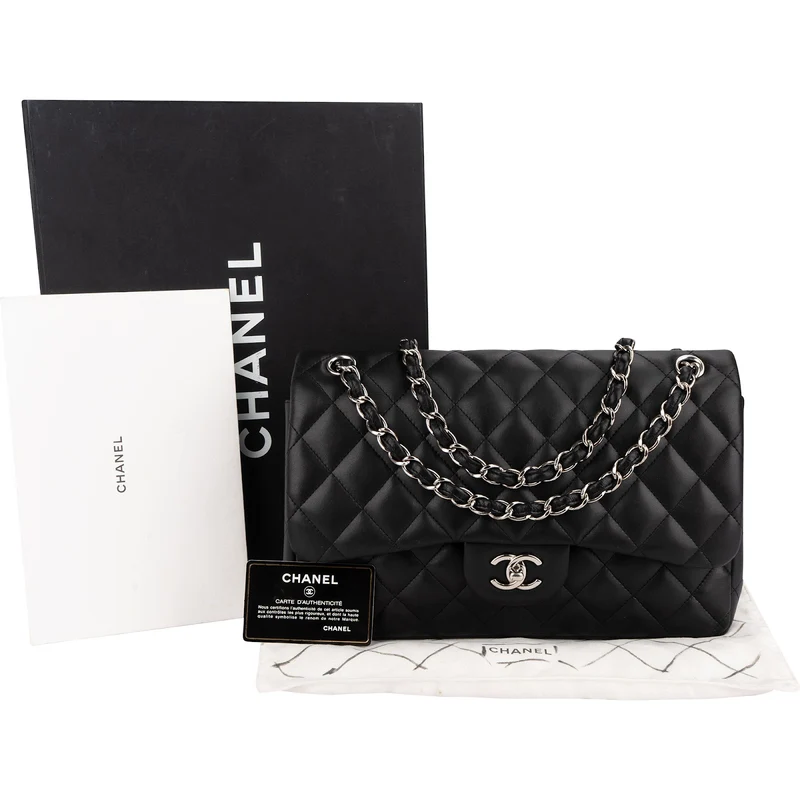 Chanel Quilted Lambskin Palladium Jumbo Double Flap Crossbody Bag