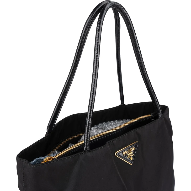 Prada Tessuto Nylon Patent Leather Handle Tote Shoulder Bag
