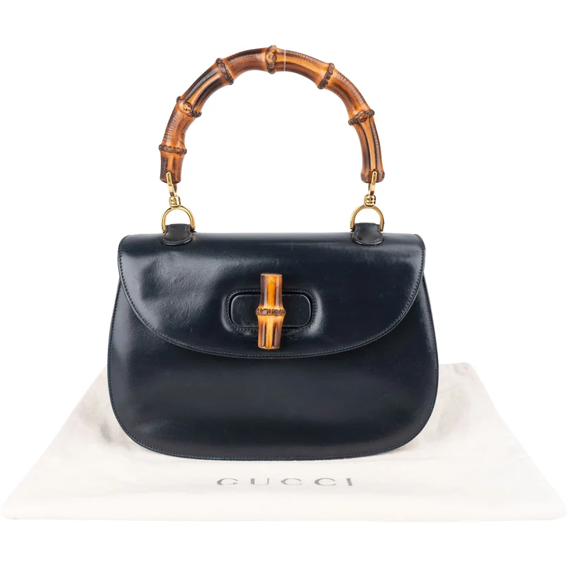 Gucci Navy Smooth Leather Bamboo Top Handle Bag Handbag