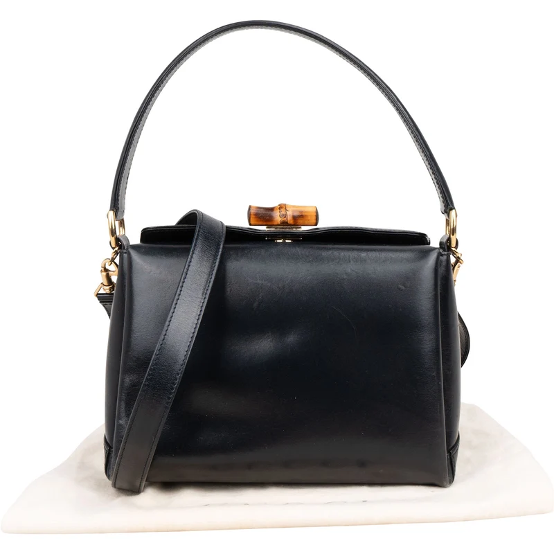 Gucci Blue Vintage Leather Bamboo Top Handle Handbag