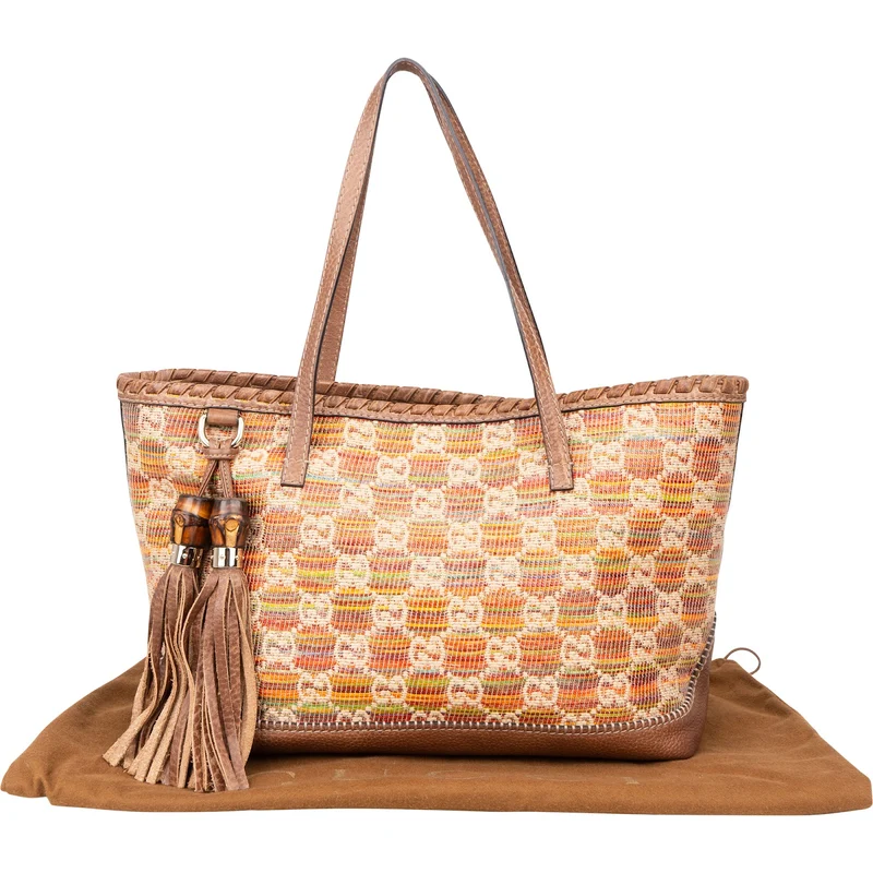 Gucci Monogram Multicolor Raffia and Leather GG Bamboo Tassel Tote Shoulder Bag