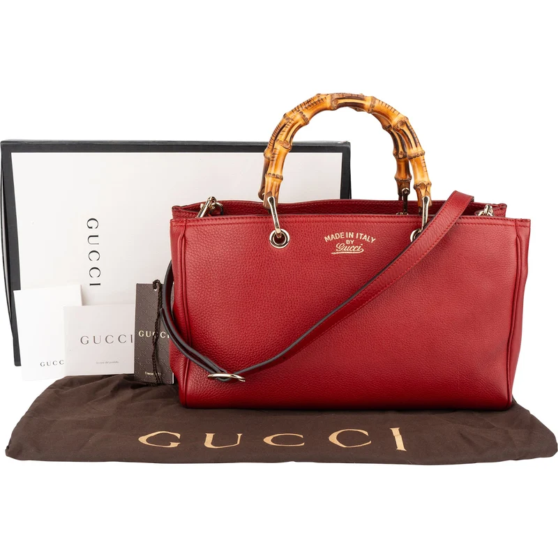 Gucci Grained Leather Bamboo Handle Tote Handbag