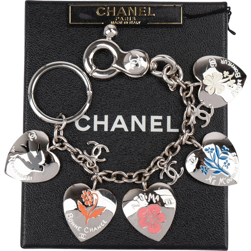 Chanel Silver Heart Charm Keychain Ring Holder Bag Charm