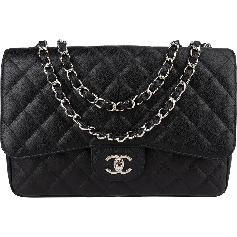 Chanel Quilted Caviar Leather Palladium Jumbo Singe Flap Crossbody Bag
