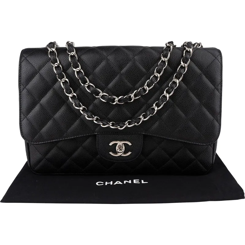 Chanel Quilted Caviar Leather Palladium Jumbo Singe Flap Crossbody Bag