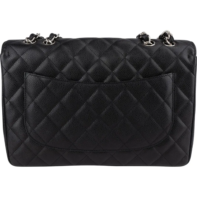 Chanel Quilted Caviar Leather Palladium Jumbo Singe Flap Crossbody Bag