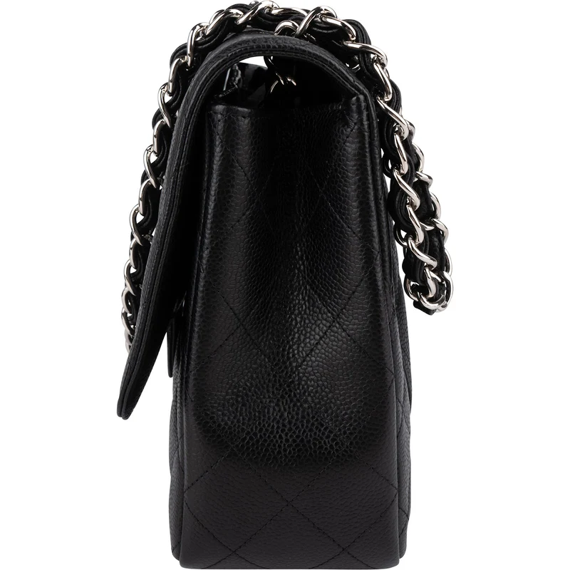 Chanel Quilted Caviar Leather Palladium Jumbo Singe Flap Crossbody Bag