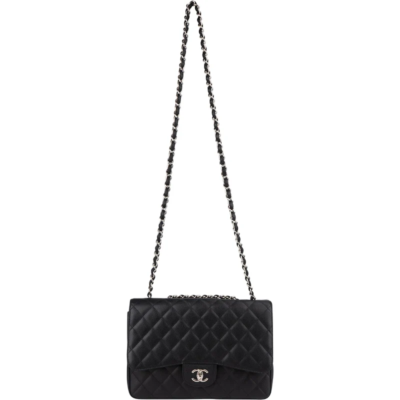 Chanel Quilted Caviar Leather Palladium Jumbo Singe Flap Crossbody Bag