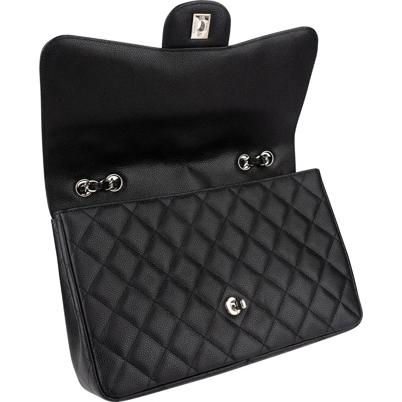 Chanel Quilted Caviar Leather Palladium Jumbo Singe Flap Crossbody Bag