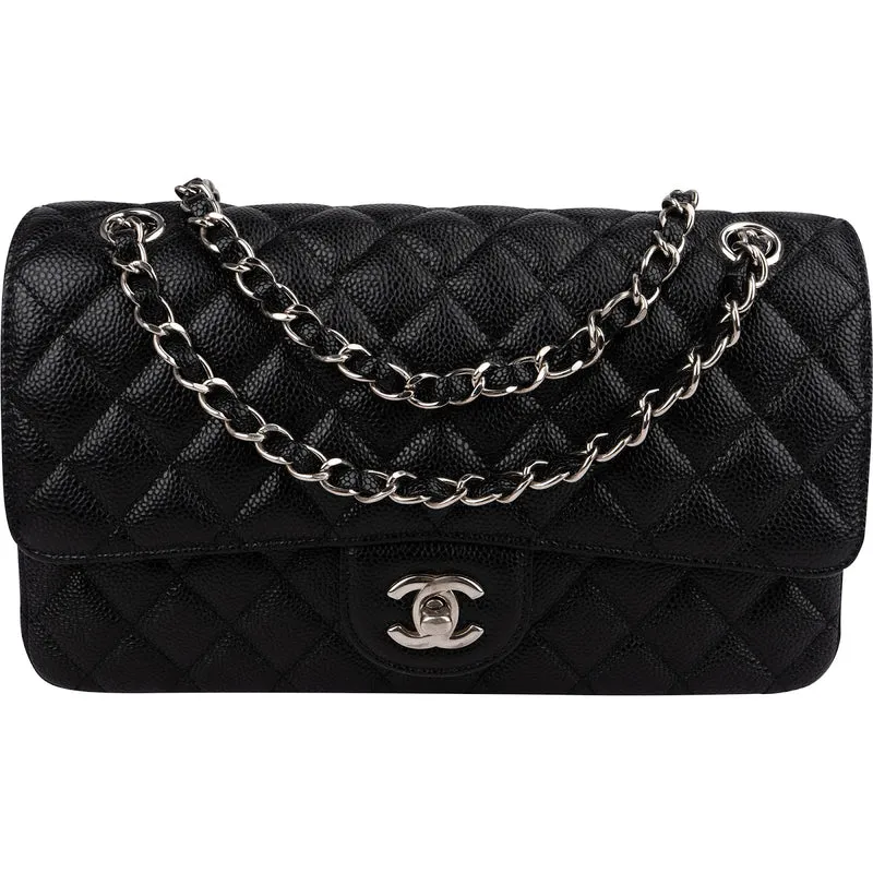 Chanel Quilted Caviar Leather Palladium Medium Double Flap Shoulder Bag