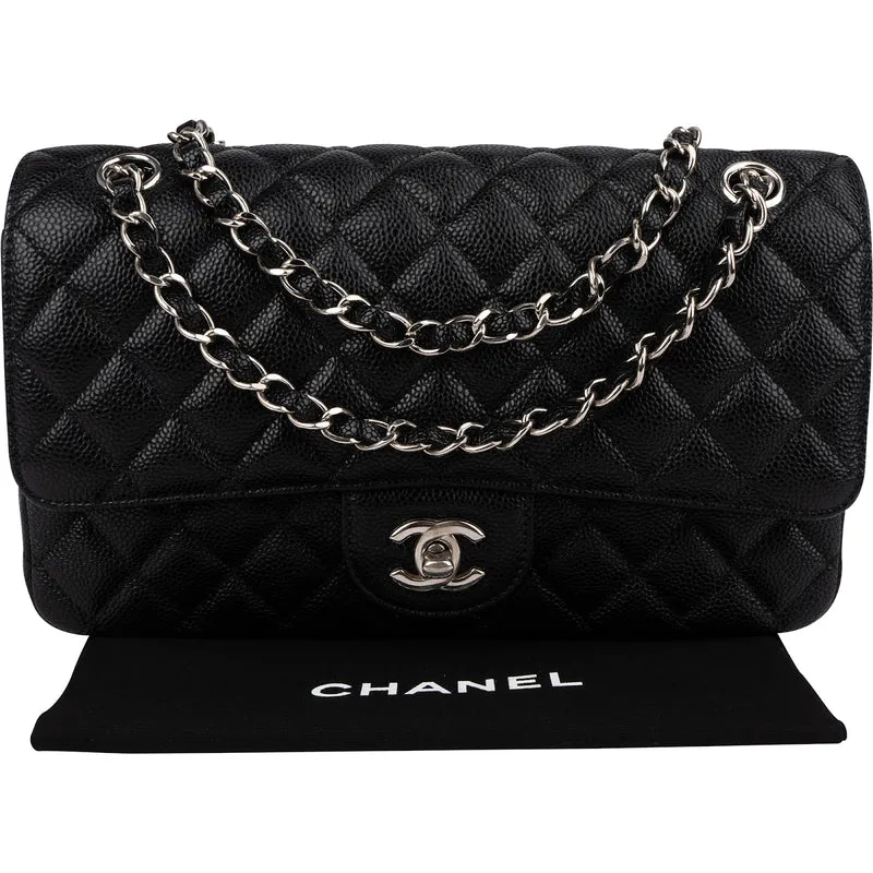 Chanel Quilted Caviar Leather Palladium Medium Double Flap Shoulder Bag