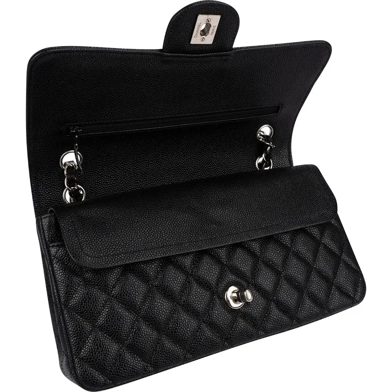 Chanel Quilted Caviar Leather Palladium Medium Double Flap Shoulder Bag
