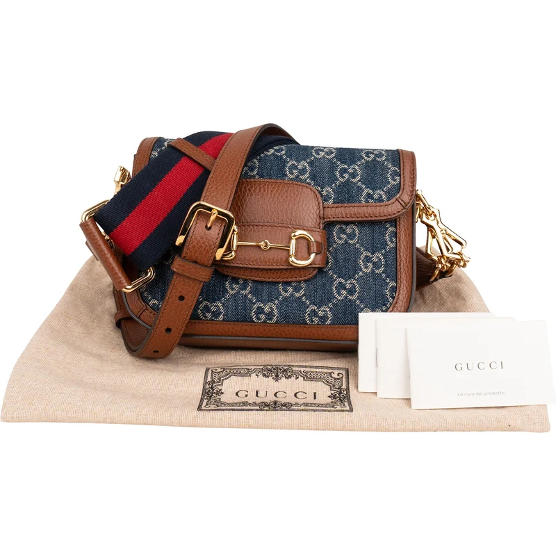 Gucci Monogram GG Denim Horsebit 1955 Shoulder Crossbody Bag