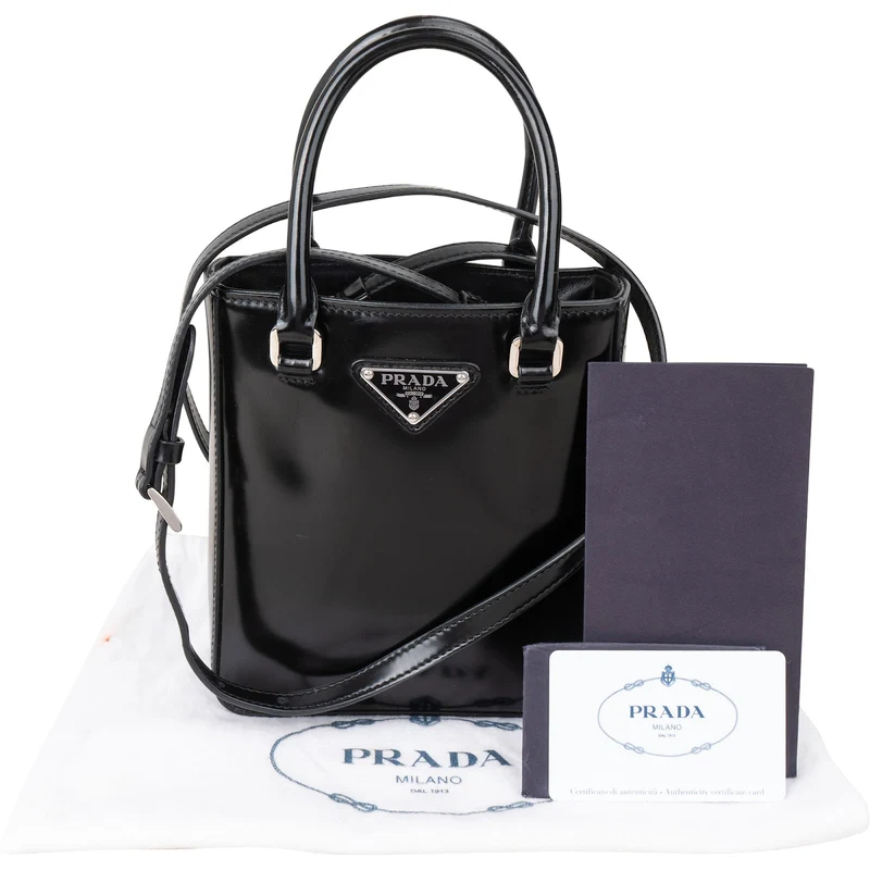 Prada Brushed Patent Leather Mini Tote Crossbody Handbag