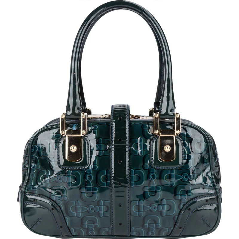 Gucci Monogram Patent Leather Horsebit Boston Handbag
