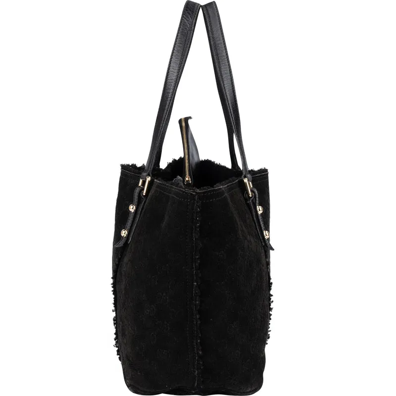 Gucci Suede GG Monogram Jolicoeur Shearling Tote Handbag