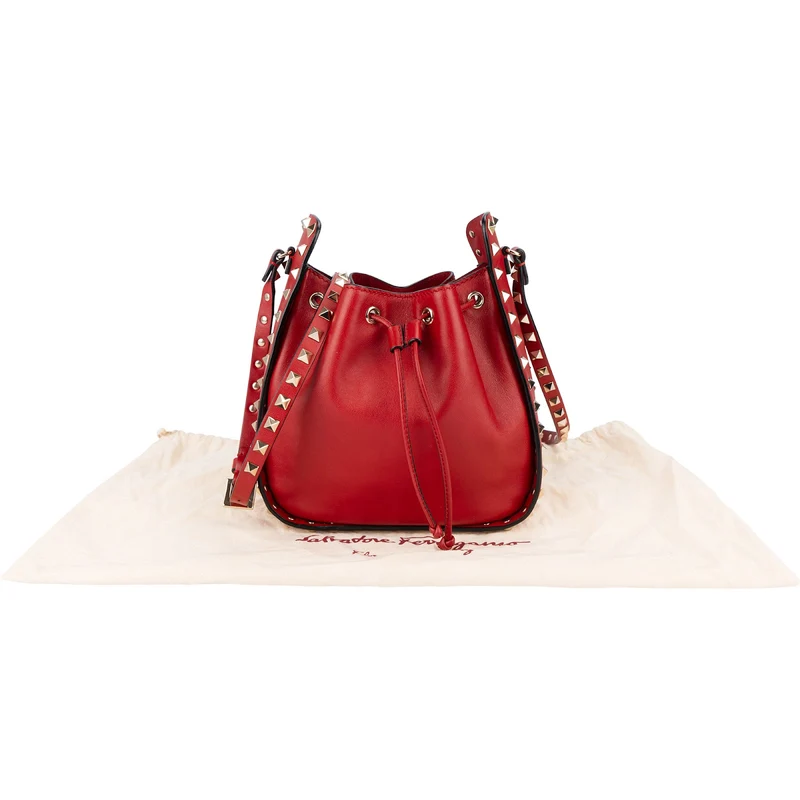 Valentino Garavani Red Leather Rockstud Bucket Crossbody Bag