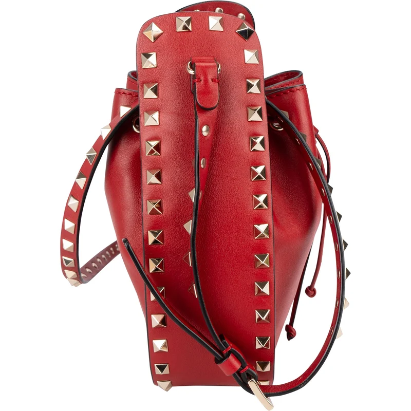 Valentino Garavani Red Leather Rockstud Bucket Crossbody Bag