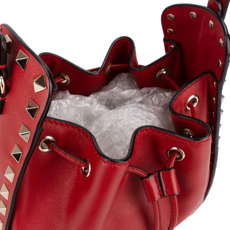 Valentino Garavani Red Leather Rockstud Bucket Crossbody Bag