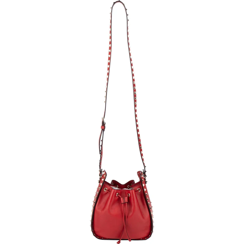 Valentino Garavani Red Leather Rockstud Bucket Crossbody Bag