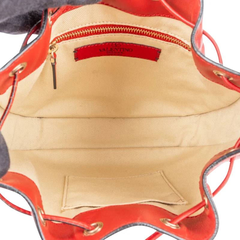 Valentino Garavani Red Leather Rockstud Bucket Crossbody Bag