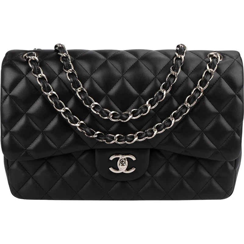 Chanel Quilted Lambskin Palladium Jumbo Double Flap Crossbody Bag