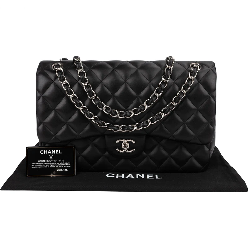 Chanel Quilted Lambskin Palladium Jumbo Double Flap Crossbody Bag