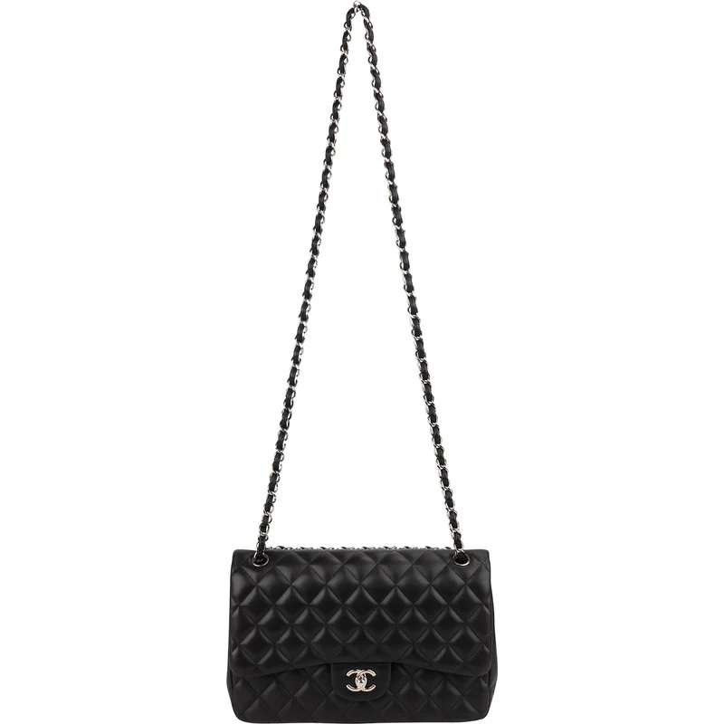 Chanel Quilted Lambskin Palladium Jumbo Double Flap Crossbody Bag