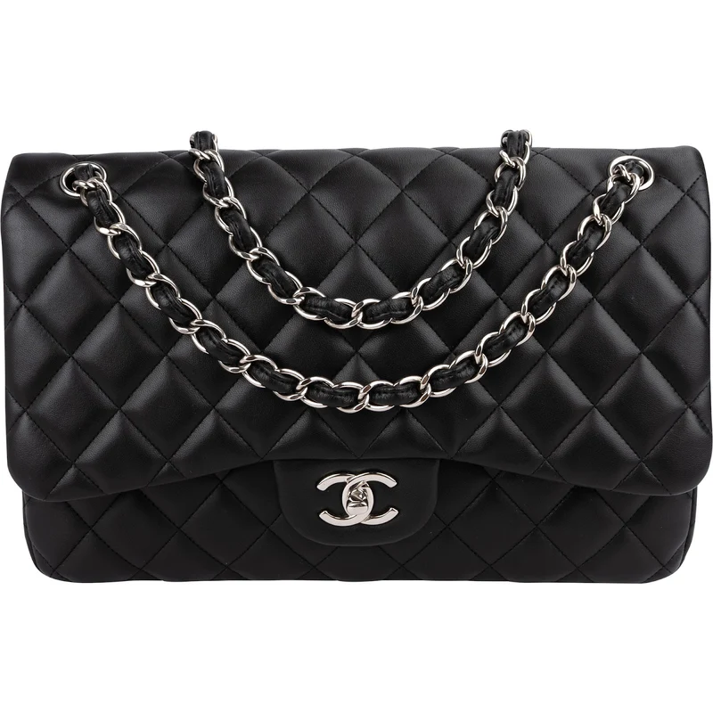 Chanel Quilted Lambskin Palladium Jumbo Double Flap Crossbody Bag