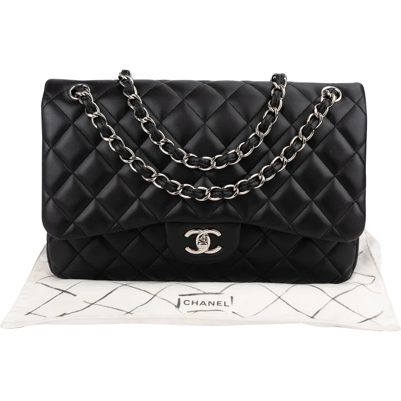 Chanel Quilted Lambskin Palladium Jumbo Double Flap Crossbody Bag