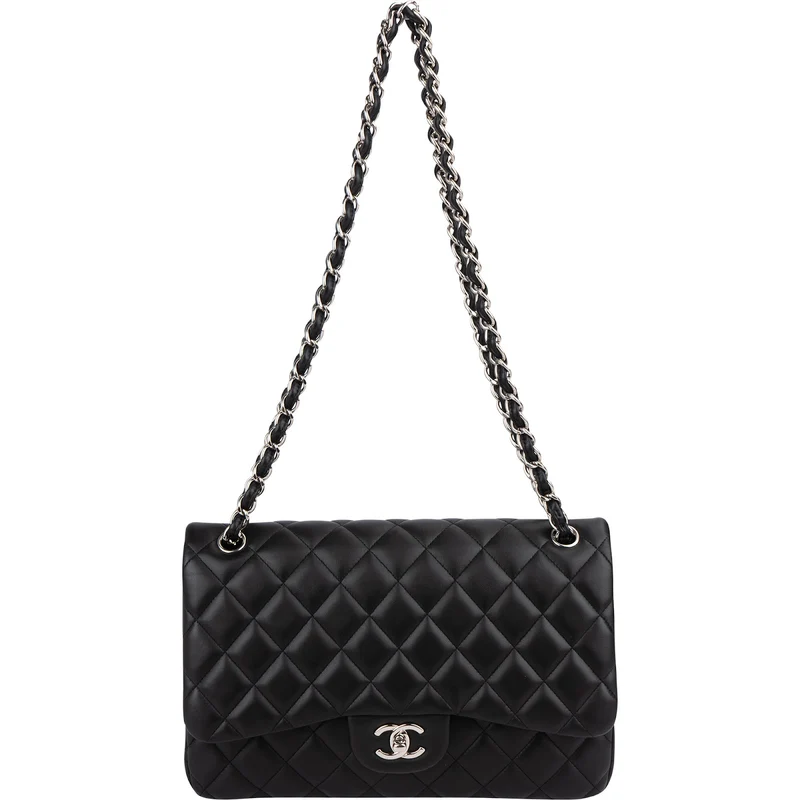 Chanel Quilted Lambskin Palladium Jumbo Double Flap Crossbody Bag