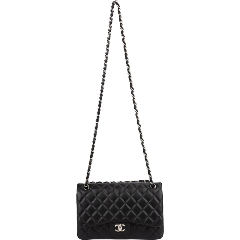 Chanel Quilted Lambskin Palladium Jumbo Double Flap Crossbody Bag