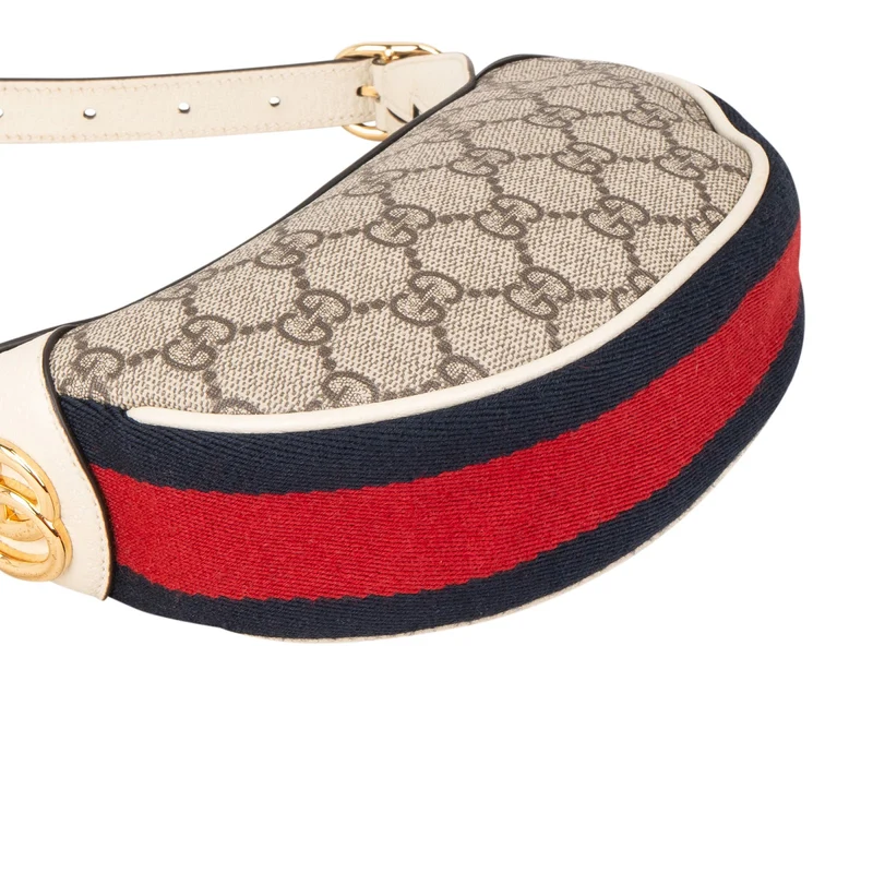 Gucci Monogram GG Supreme Canvas Web Stripe Ophidia Half-Moon Mini Shoulder Bag