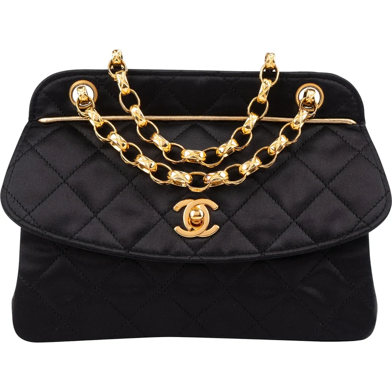Chanel Navy Quilted Satin Top Bar 24K Gold Single Flap Small Crossbody Bag