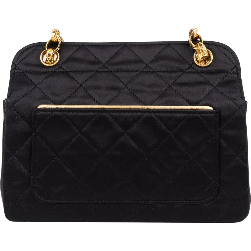 Chanel Navy Quilted Satin Top Bar 24K Gold Single Flap Small Crossbody Bag